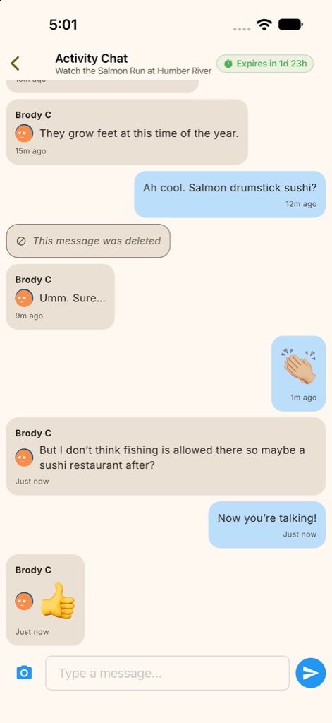 Joiyin Activity Chat for the salmon run walk, with a few messages planning sushi afterward and a timer showing the chat expires in 1 day 23 hours