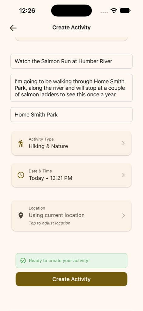 Joiyin Create Activity screen: Watch the Salmon Run at Humber River, Home Smith Park, Hiking and Nature, today at 12:21 PM